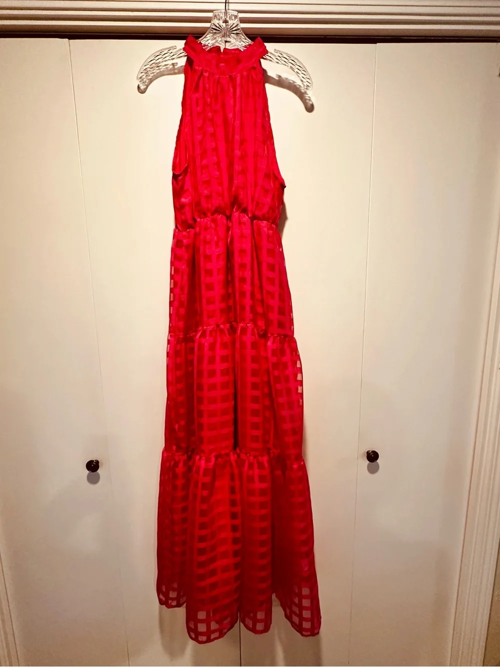 Windowpane Chiffon Halter Maxi Dress in Fuchsia Pink - Women’s L - Picture 2 of 16